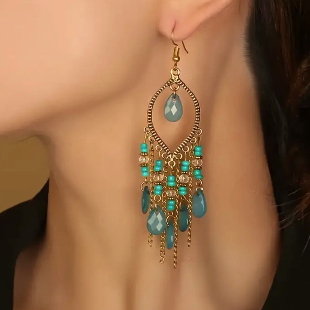 Jem Water Drop Dangling‎ Tassel Earrings (Teal)